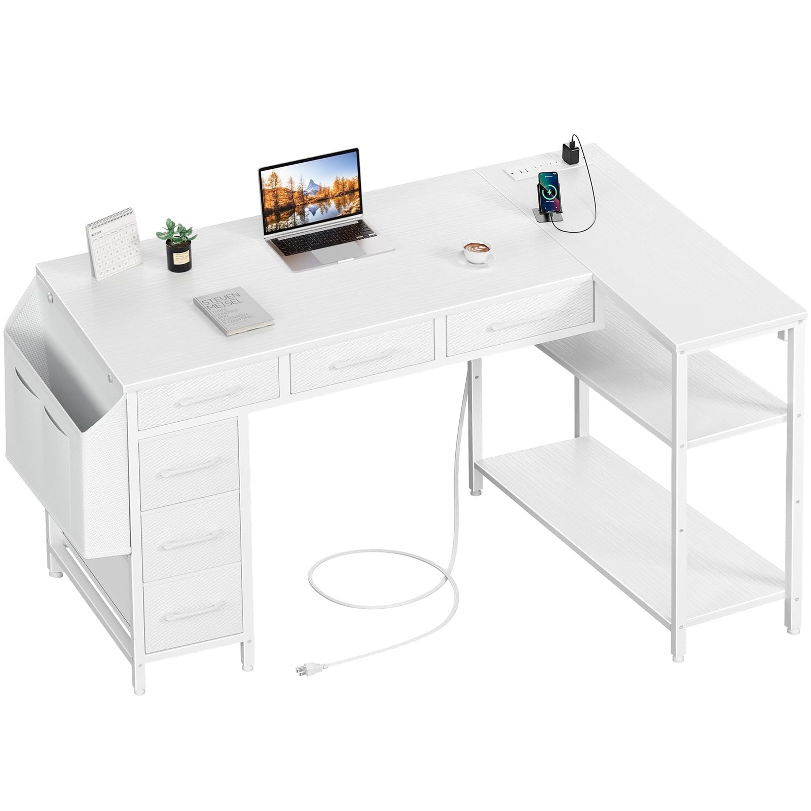 Amazon | ホワイト L字型デスク 布製引き出し付き - 48インチ コーナー